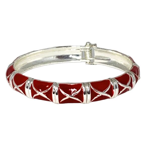 Vintage Red Silver Tone Bangle Bracelet 7.5" Hinged Nautical Formal Christmas - Picture 6 of 10